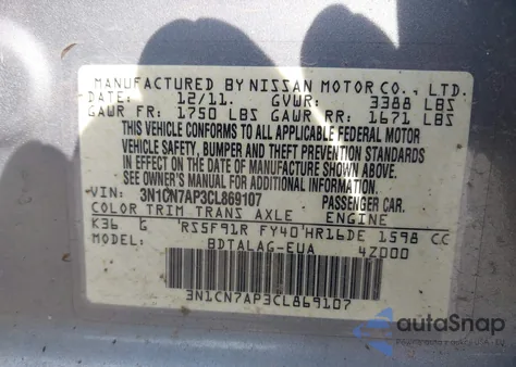 2012 Nissan Versa 1.6 S from USA, damaged, VIN 3N1CN7AP3CL869107